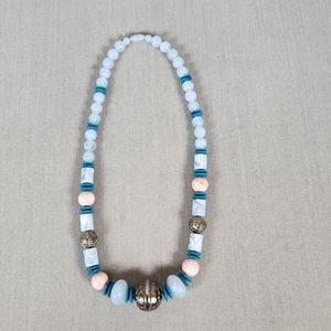Vintage Beaded Necklace Marbled Lucite Pink Blue with Silver Accents 1960s Clasp